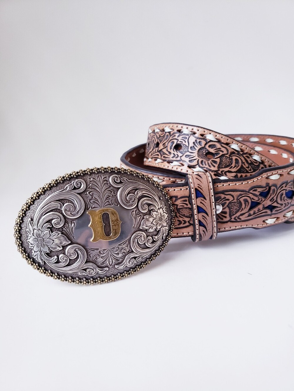 Nocona Tan Tooled Western Leather Belt With Initial D Buckle